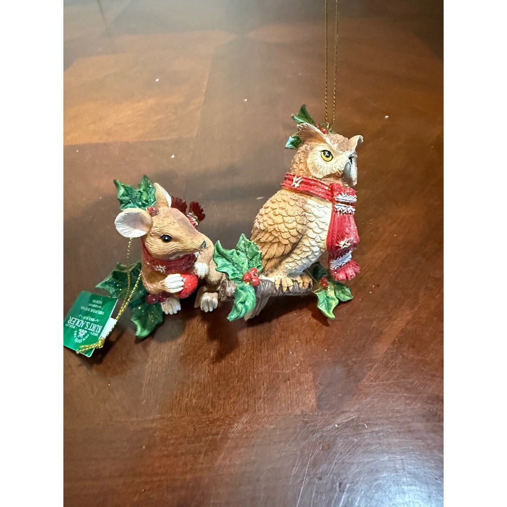 Kurt Adler Owl mouse Sitting On Branch Christmas Holiday Ornament Set